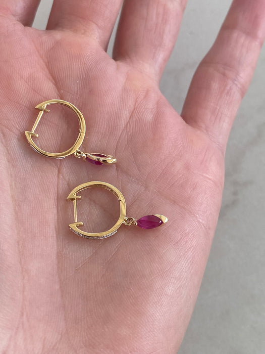 14K Gold Marquise Ruby & Diamond Huggie Earrings