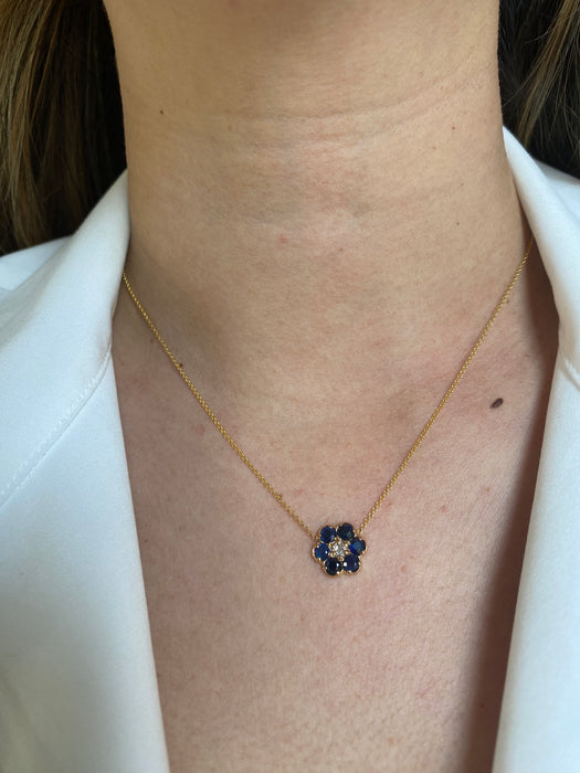 14k blue sapphire and diamond flower necklace 16” or 18”