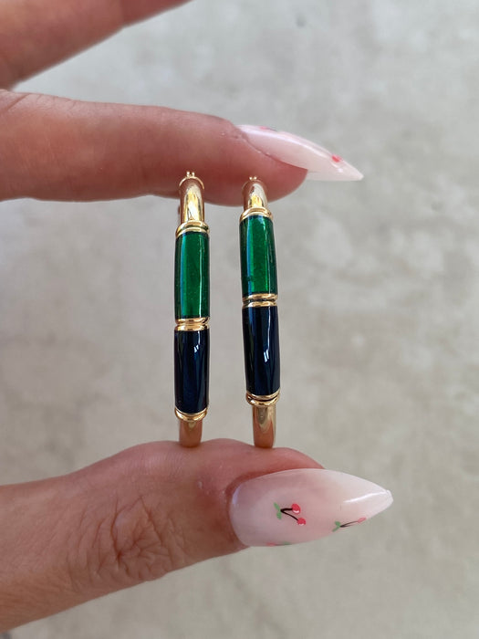 Vintage 14K Blue & Green Enamel Hoop Earrings