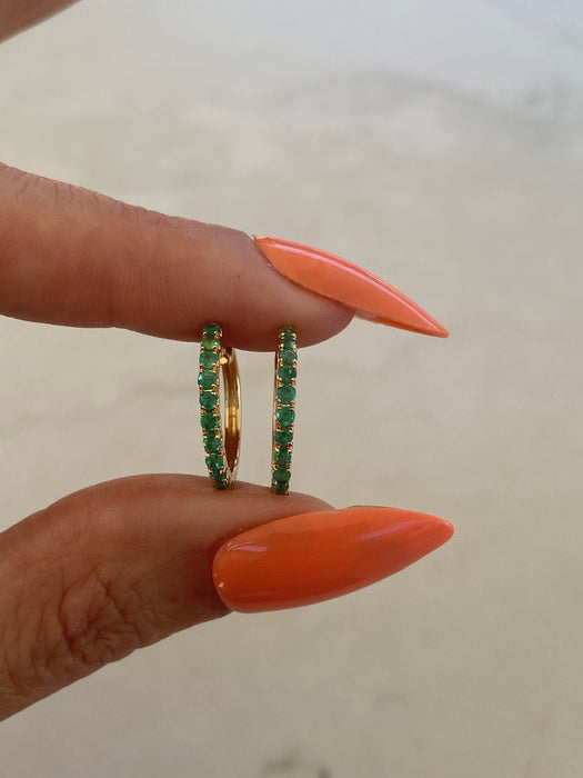 14K Gold Emerald Huggie Earrings
