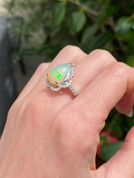 Platinum 900 opal and diamond ring size 6.5