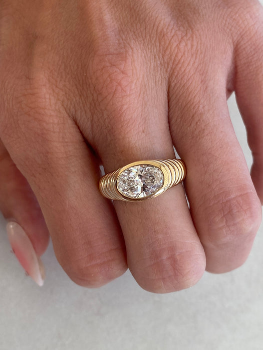 14K Gold Ribbed Bezel Set Lab Diamond Oval Ring – 2.09 Carat IGI Certified