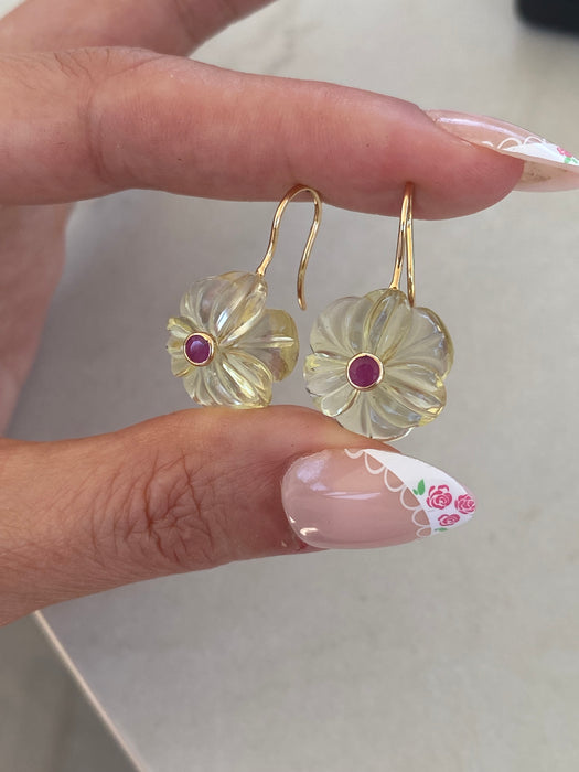 18K Carved Lemon Quartz & Ruby Drop Earrings