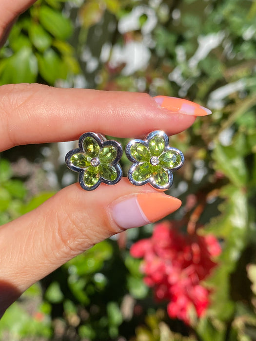 14k white gold diamond peridot flower omega back earrings