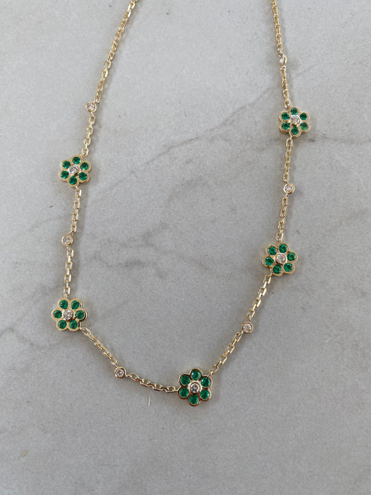 14K Gold Mariner Chain Necklace with Lab Emerald & Diamond Flower Stations