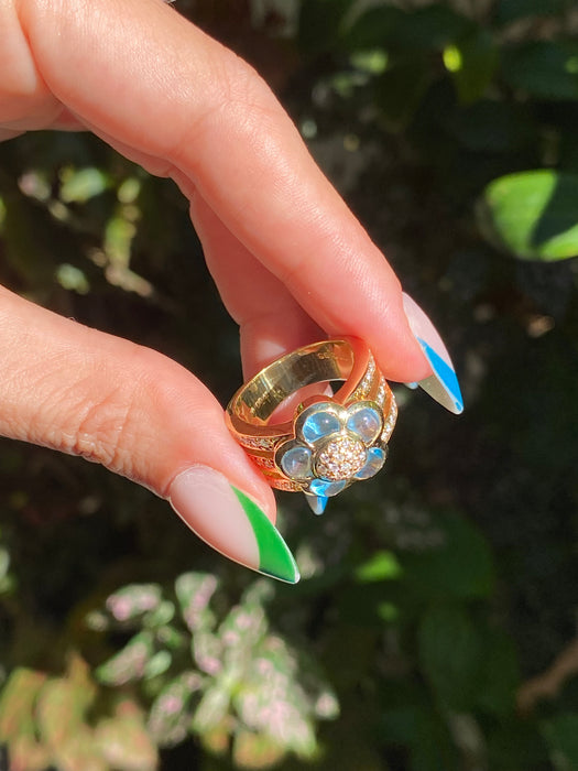 18k cabochon blue topaz diamond flower ring size 5.5