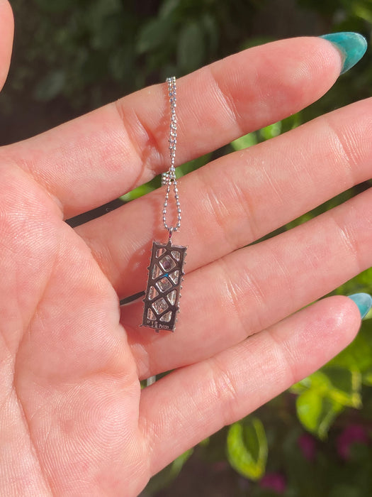 Platinum diamond blue sapphire on bead chain necklace