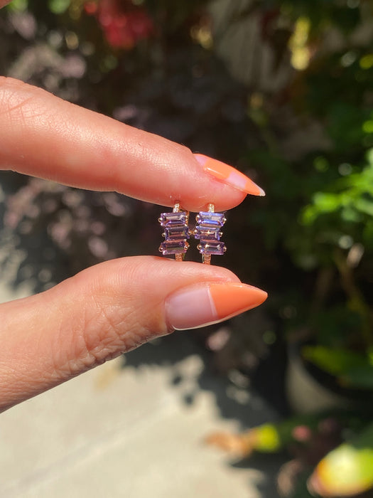 14k amethyst baguette diamond huggie earrings
