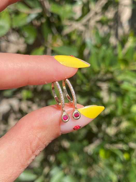14K Gold Diamond Ruby Leverback Huggie Earrings