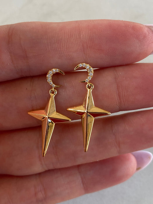 14k Gold Diamond Crescent Moon & Star Drop Earrings