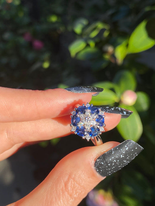 Platinum 850 blue sapphire diamond star snowflake ring size 6.5