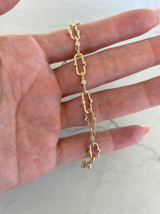 14K Solid Gold Croissant Paperclip Diamond Bracelet