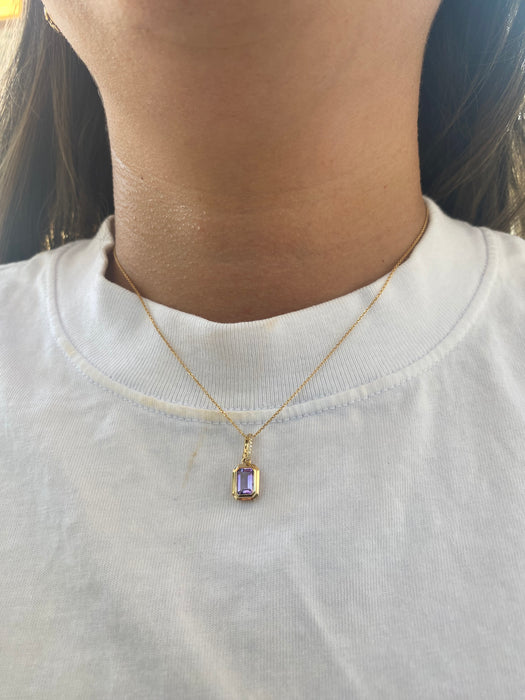 14K Emerald Cut Amethyst Pendant with Diamond-Set Enhancer Bail