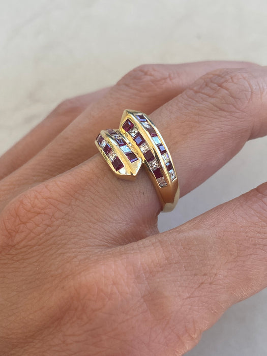 Vintage 18K Ruby & Diamond Checkerboard Bypass Ring