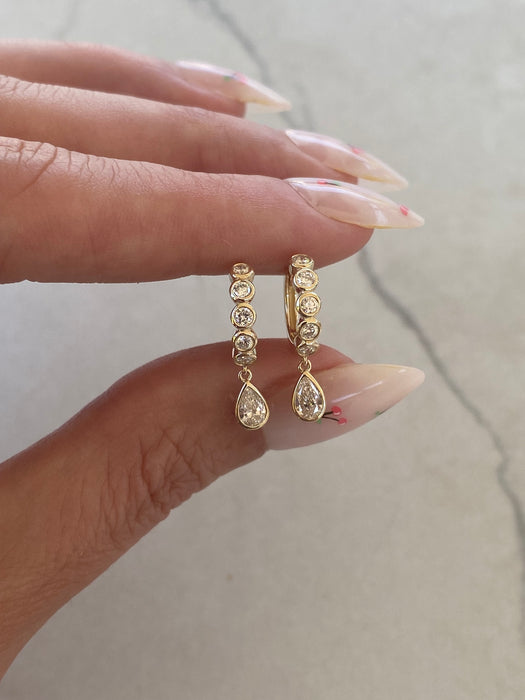 14K Gold Lab Diamond Bezel Huggie Earrings with Pear Drop