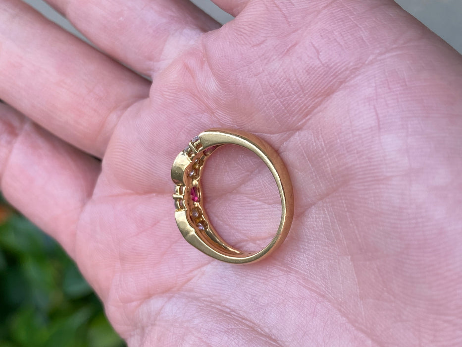 Vintage 18K Ruby and Diamond Swirl Ring – Marquise Rubies – 0.74 TCW Rubies – Size 6