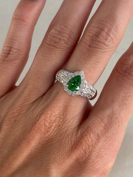 Platinum 900 Pear Tsavorite Green Garnet Diamond Ring