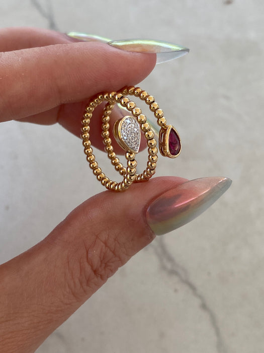 14K Spiral Bead Ruby & Diamond Ring