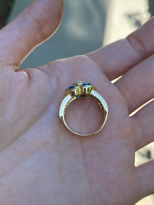 18k cabochon blue topaz diamond flower ring size 5.5