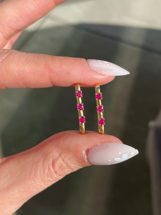 14K Gold Ruby Huggie Earrings