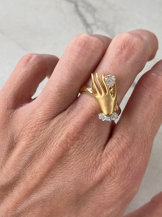 Vintage 18K Brushed Gold Hand Ring with Pear-Cut Natural Diamond