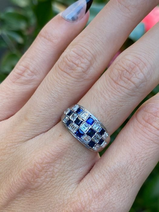 18k white gold checkerboard blue sapphire Asscher cut diamond ring size 6.5