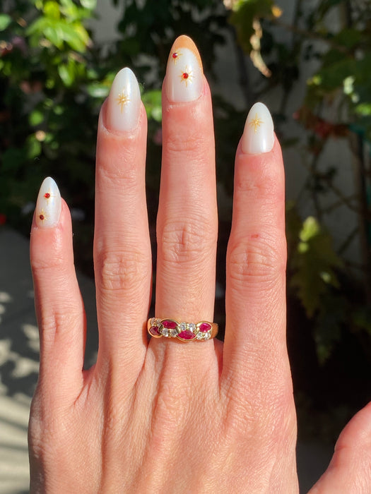 Vintage 18K Ruby and Diamond Swirl Ring – Marquise Rubies – 0.74 TCW Rubies – Size 6