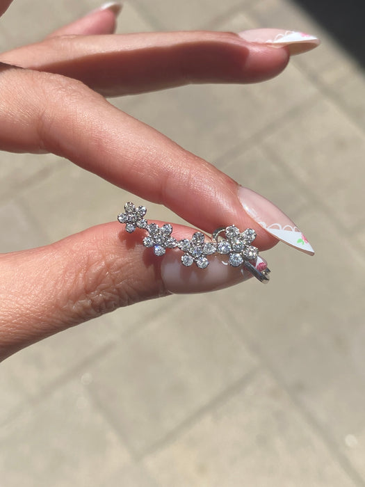 Vintage 14K White Gold Natural Diamond Flower Ear Climbers