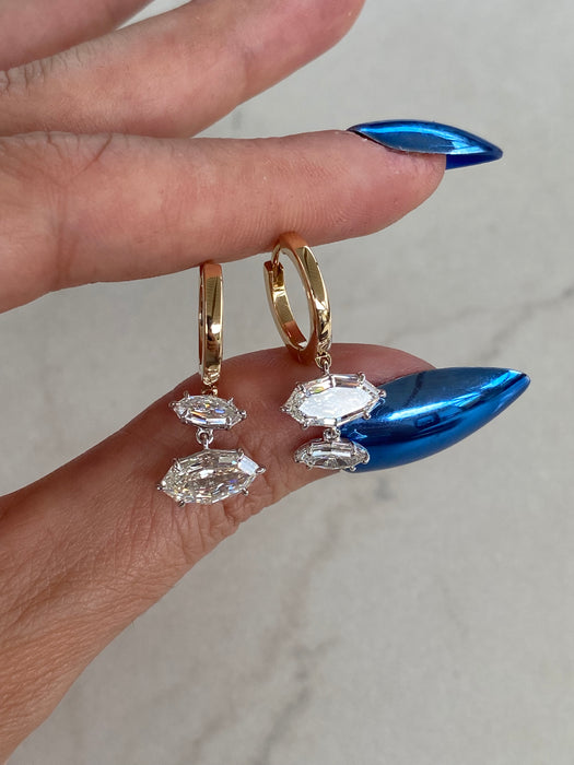 14K Yellow Gold 3 Carat Step Cut Lab Diamond Marquise Huggy Earrings