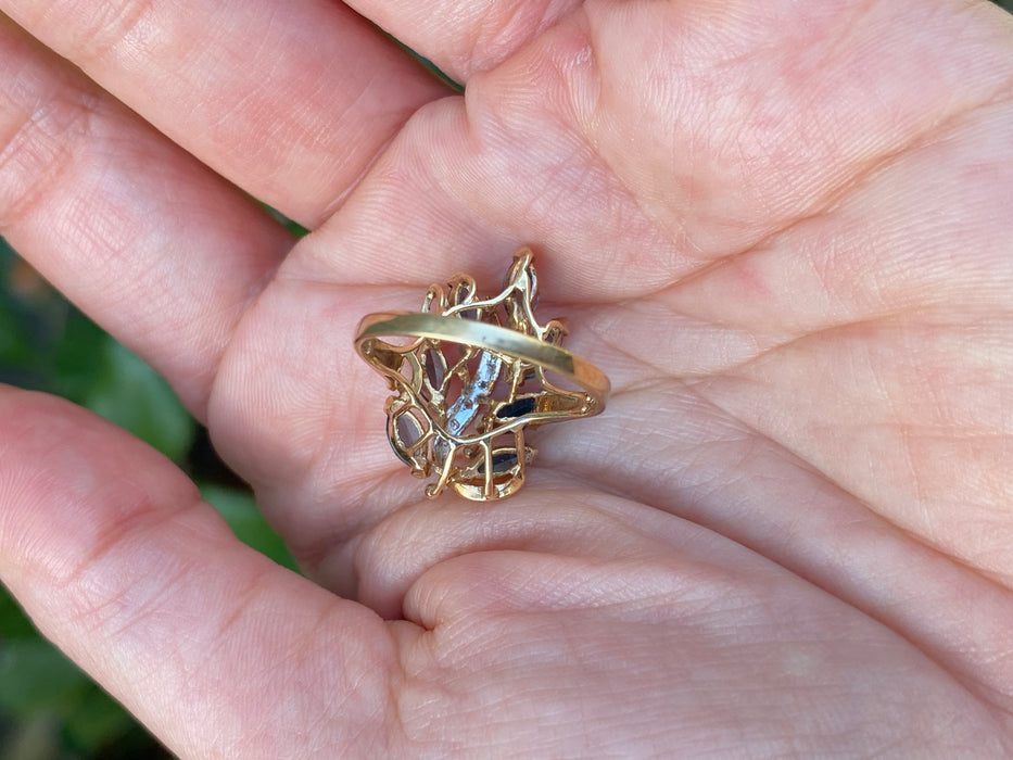 Vintage 14K Gold Blue Topaz & Diamond Leaf Ring – Size 7