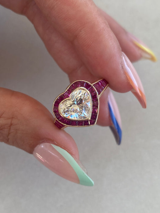 14K Lab Diamond Heart Ring with Natural Ruby Halo