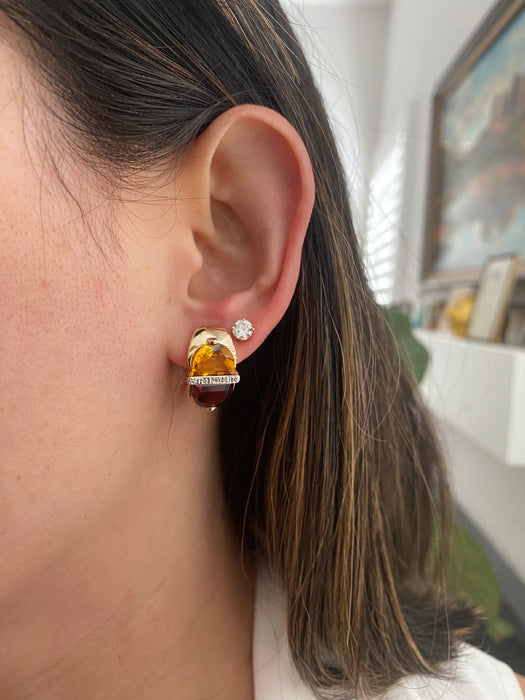 Vintage 14K Gold Garnet, Citrine & Diamond Half Moon Earrings with Omega Backs