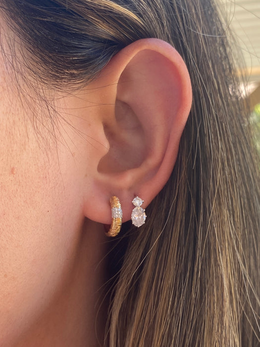 14K Gold Textured Croissant Diamond Huggie Earrings