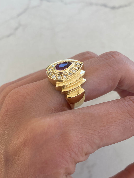 Vintage 14K Pink Pear Tourmaline & Diamond  Ring
