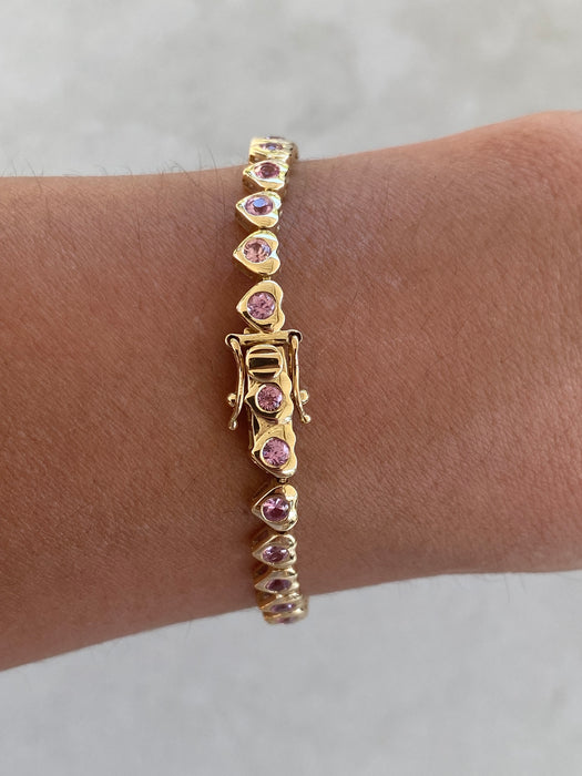 14K Natural Pink Sapphire Heart Link Bracelet