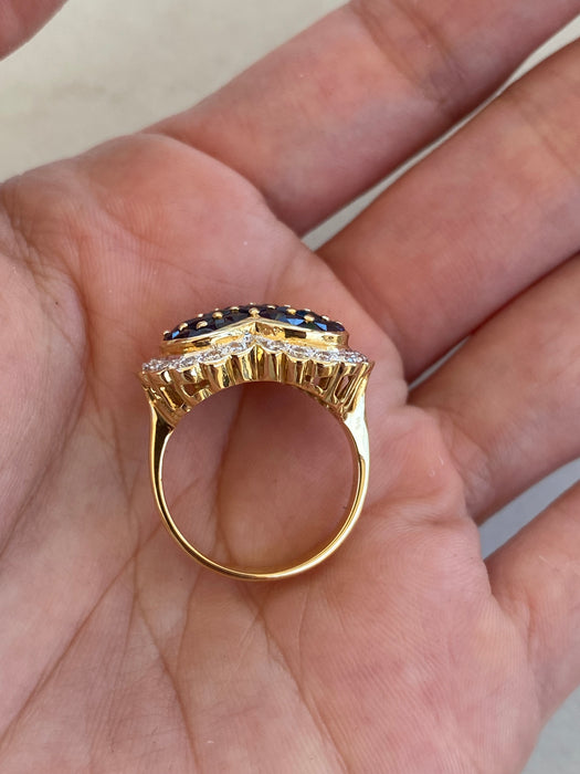 Vintage 18K Gold Blue Sapphire & Diamond Heart Ring