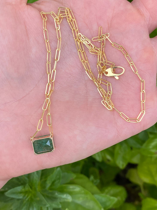 14K Gold Natural Emerald Paperclip Necklace – 2.24 CT Emerald Cut Emerald