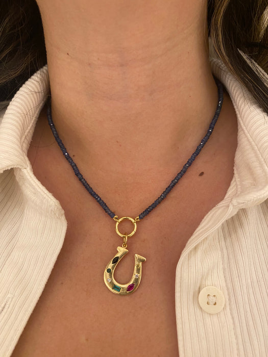 14k Gold Blue Sapphire Beaded Necklace With 14k Connector Charm 16.75”