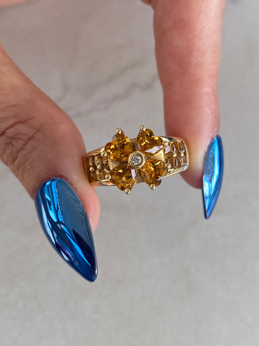 Vintage 14K Gold Citrine Diamond Flower Ring – Size 7