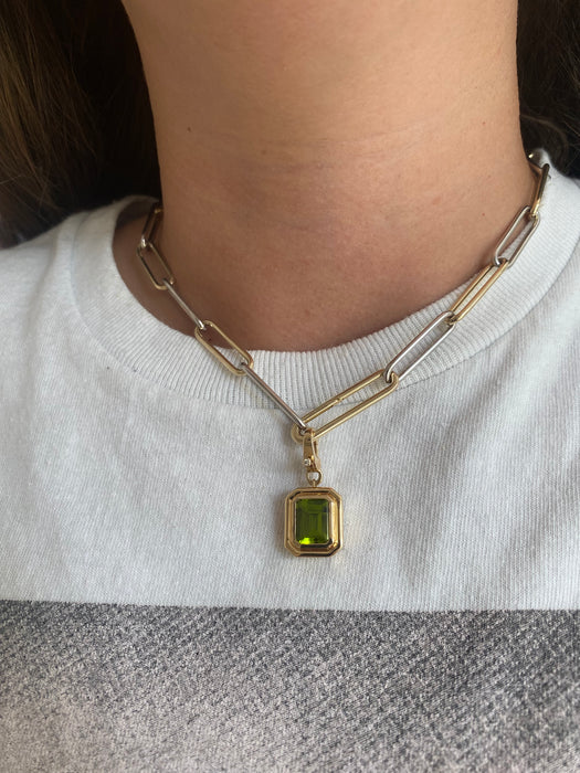 14K Natural Emerald Cut Peridot & Diamond Charm