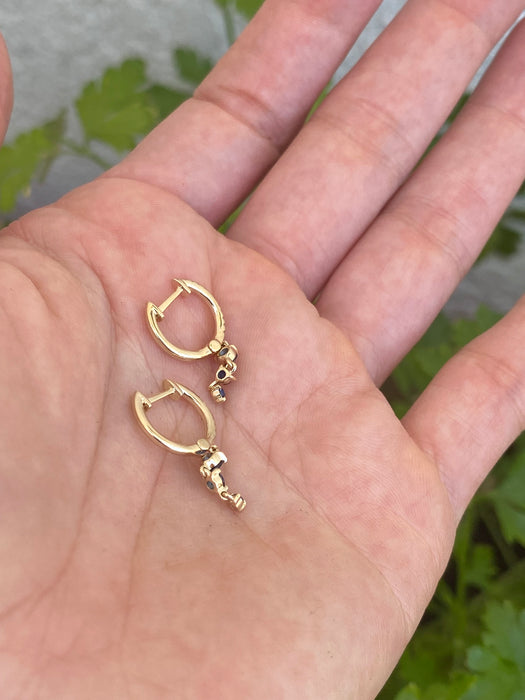 14K Gold Diamond Huggie Earrings with Blue Sapphire Dangle Charms