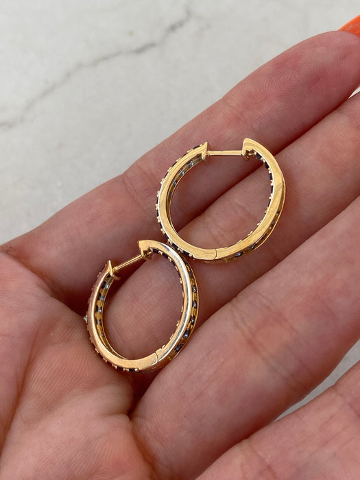 14K Gold Inside-Out Blue Sapphire Hoop Earrings