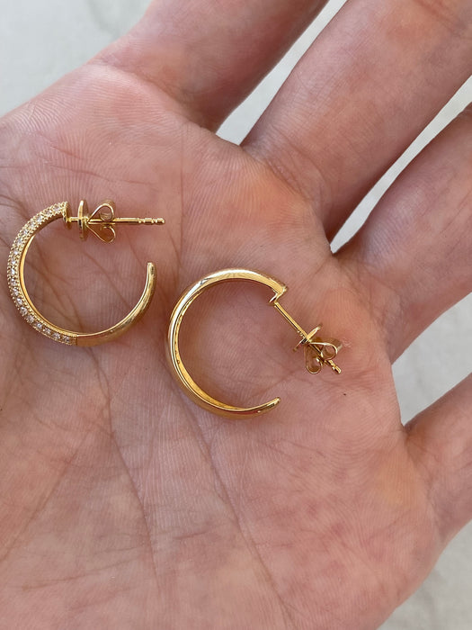 14K Gold Knife Edge Diamond J Hoop Earrings