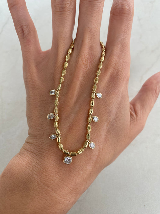 14K Gold Diamond-Cut Bead Bracelet with Lab Diamond Charm Drops