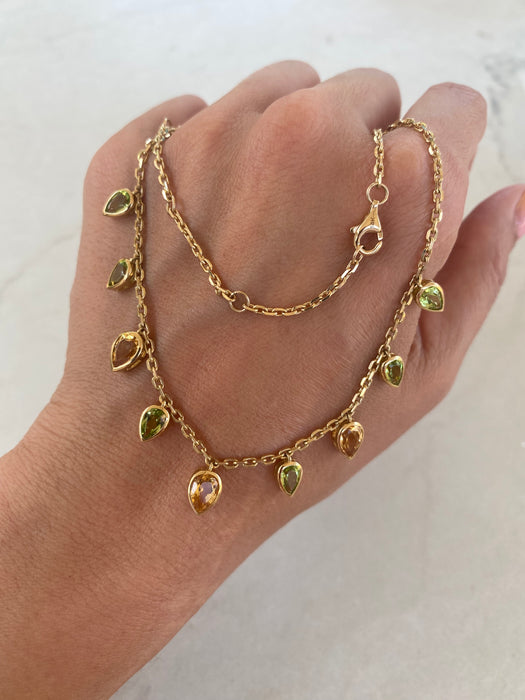 14K Solid Gold Peridot & Citrine Station Chain Necklace