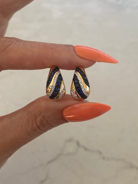 14K Gold Blue Sapphire & Diamond Huggie Earrings