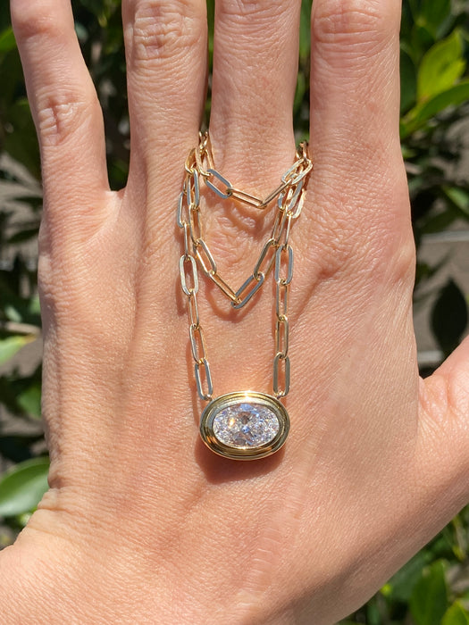 14K Gold Paperclip Necklace with 3 Carat East-West Oval Lab Diamond