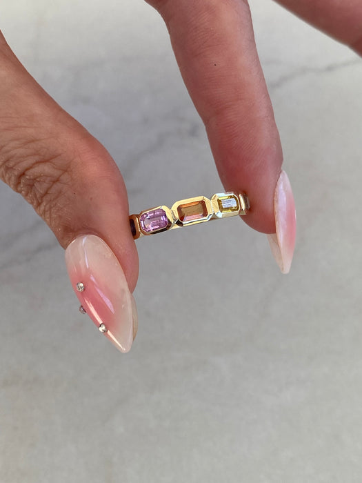 14K Gold Rainbow Sapphire Bezel Set Ring