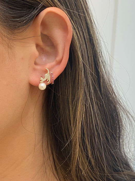 14k diamond cat pearl stud earrings