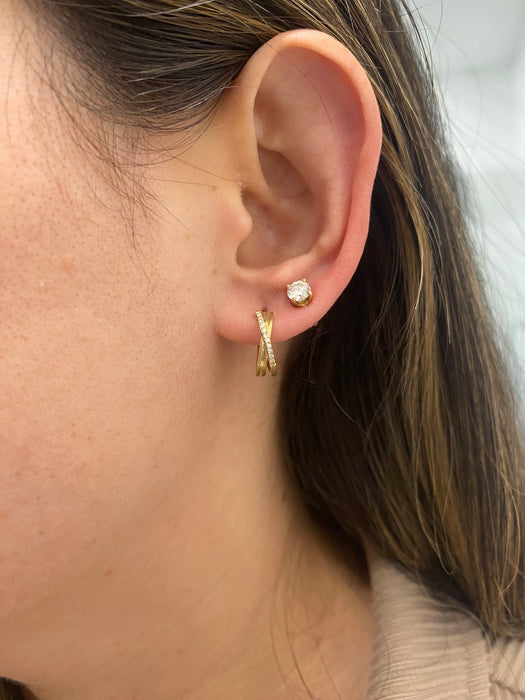 14K Gold Brushed Diamond Crossed Huggie Earrings